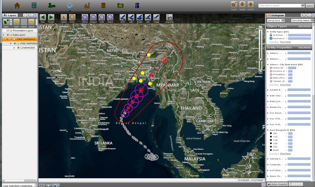 Direct Relief's Emergency Team is using Palantir technology to monitor its health center partners (shown in yellow) in relation to Cyclone Mahasen's path.