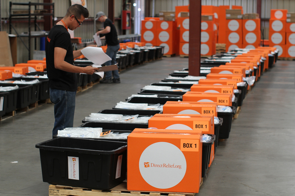 Direct Relief warehouse staff ready hurricane preparedness packs for at-risk communities across the U.S.