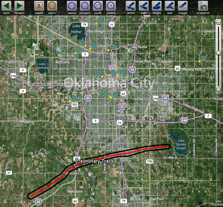 Tornado track through Oklahoma City area in relation to our partners.