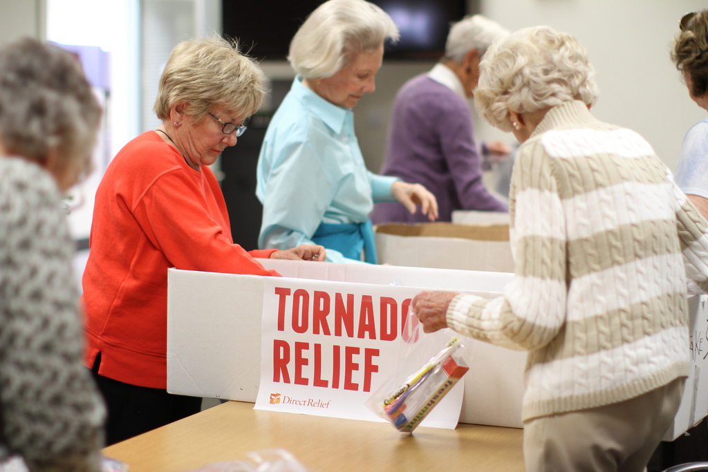 Senior volunteers from Casa Dorinda came to Direct Relief on Tuesday to help the organization's tornado relief efforts. Senior volunteers from Casa Dorinda came to Direct Relief on Tuesday to help the organization's tornado relief efforts.