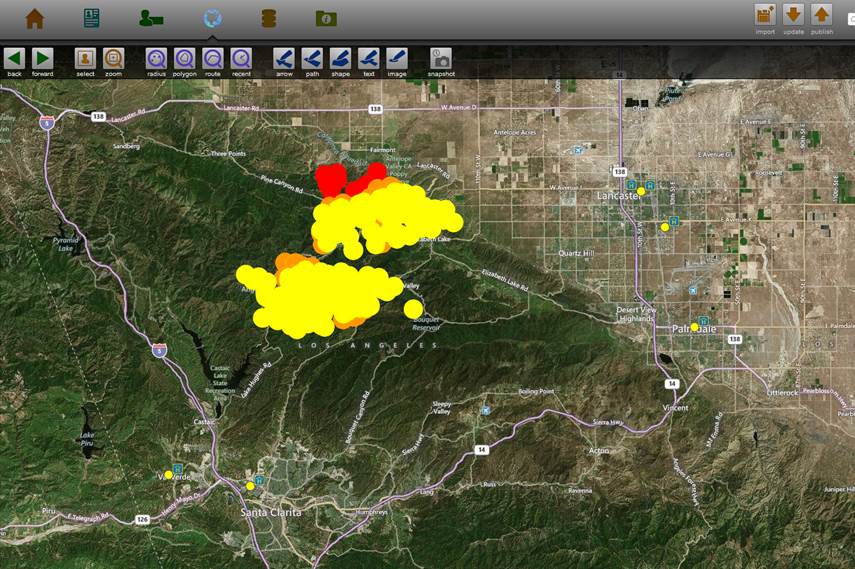 Direct Relief has reached out to five of its clinic partners (small yellow markers) near the Powerhouse Fire (large markers). Direct Relief has reached out to five of its clinic partners (small yellow markers) near the Powerhouse Fire (large markers).