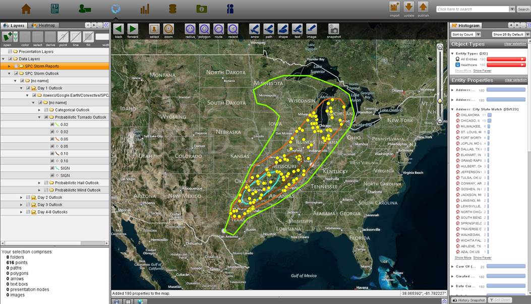 Direct Relief is reaching out to partners located in storm watch areas (shown in yellow), the blue line indicates significant impact. Image made in Palantir. Direct Relief is reaching out to partners located in storm watch areas (shown in yellow), the blue line indicates significant impact. Image made in Palantir.