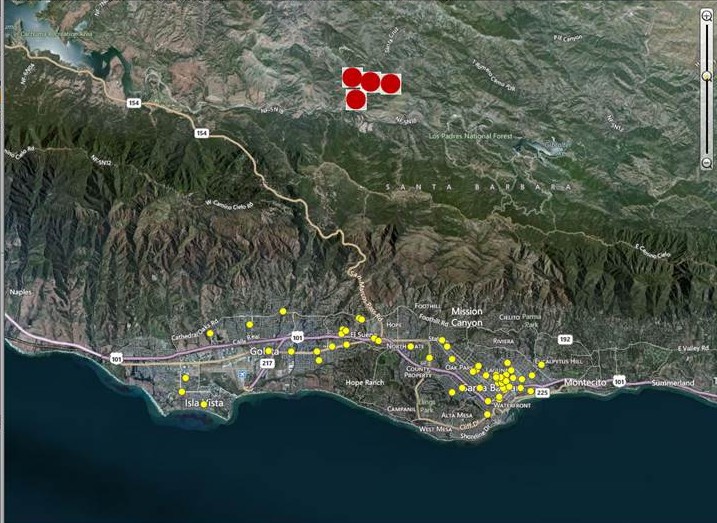 The White Fire perimeter in relation to Direct Relief's local health center partners.