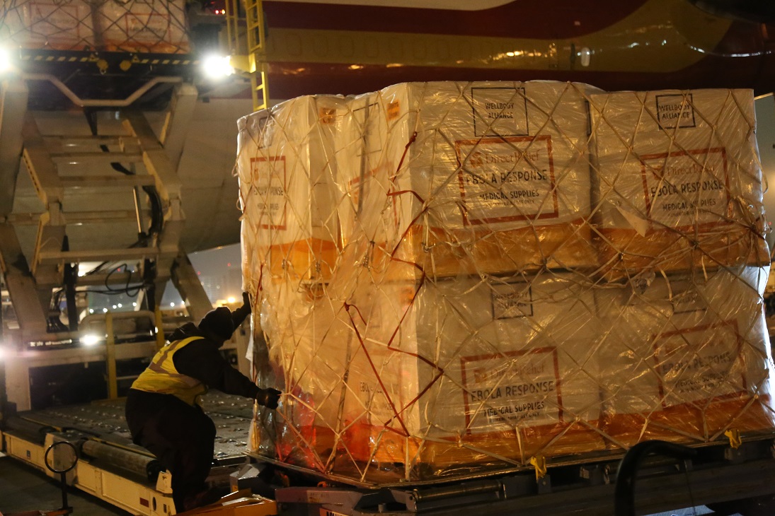 Pallets of Ebola supplies from Direct Relief loading onto 747 at Los Angeles International Airport, bound for Liberia and Sierra Leone.