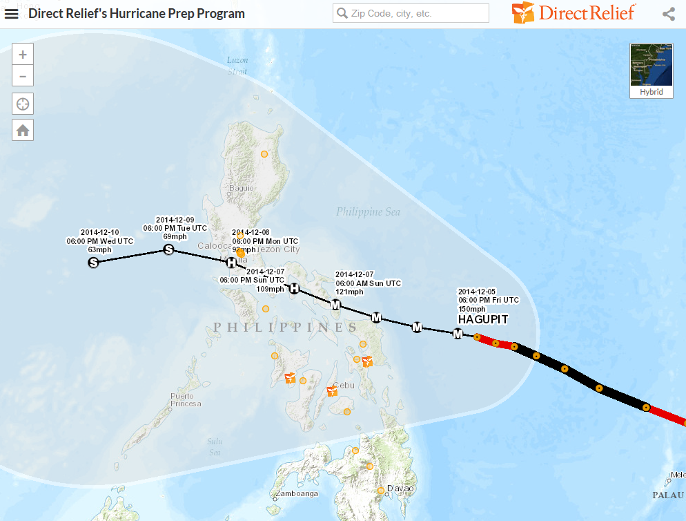 Typhoon Hagupit's path in relation to Direct Relief's partners on the ground (shown in orange).