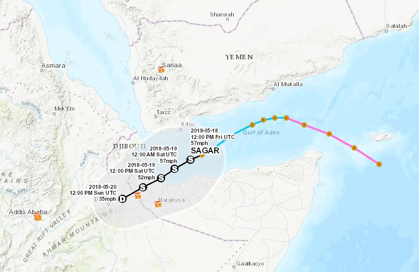 The map above outlines the projected path of Cyclone Sagar. Click to enlarge. (Map by Andrew Schroeder/Direct Relief)