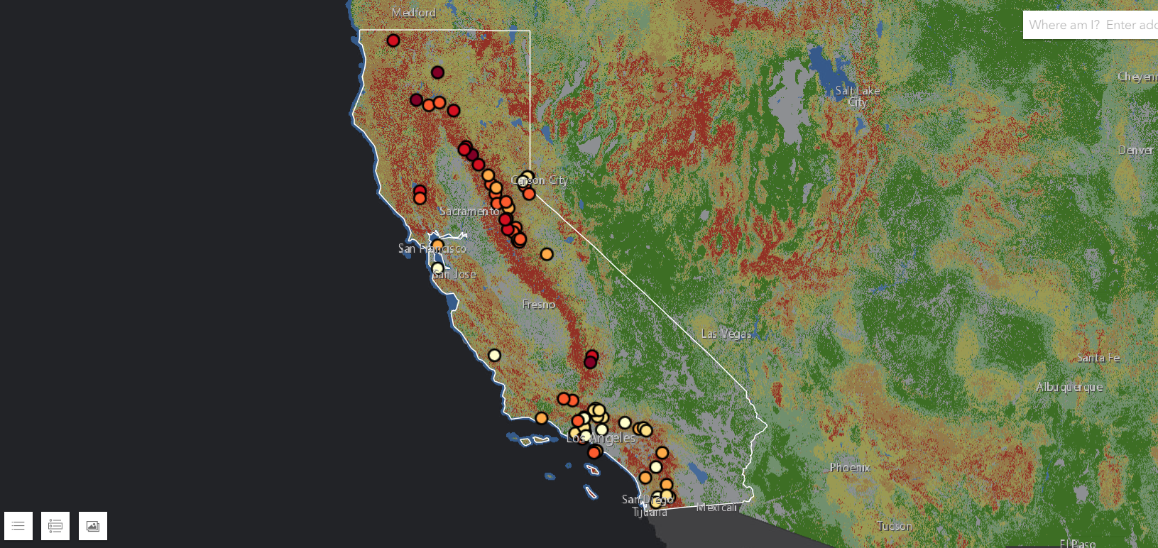 Click the map above to view an interactive map of California fires and areas of social vulnerability.