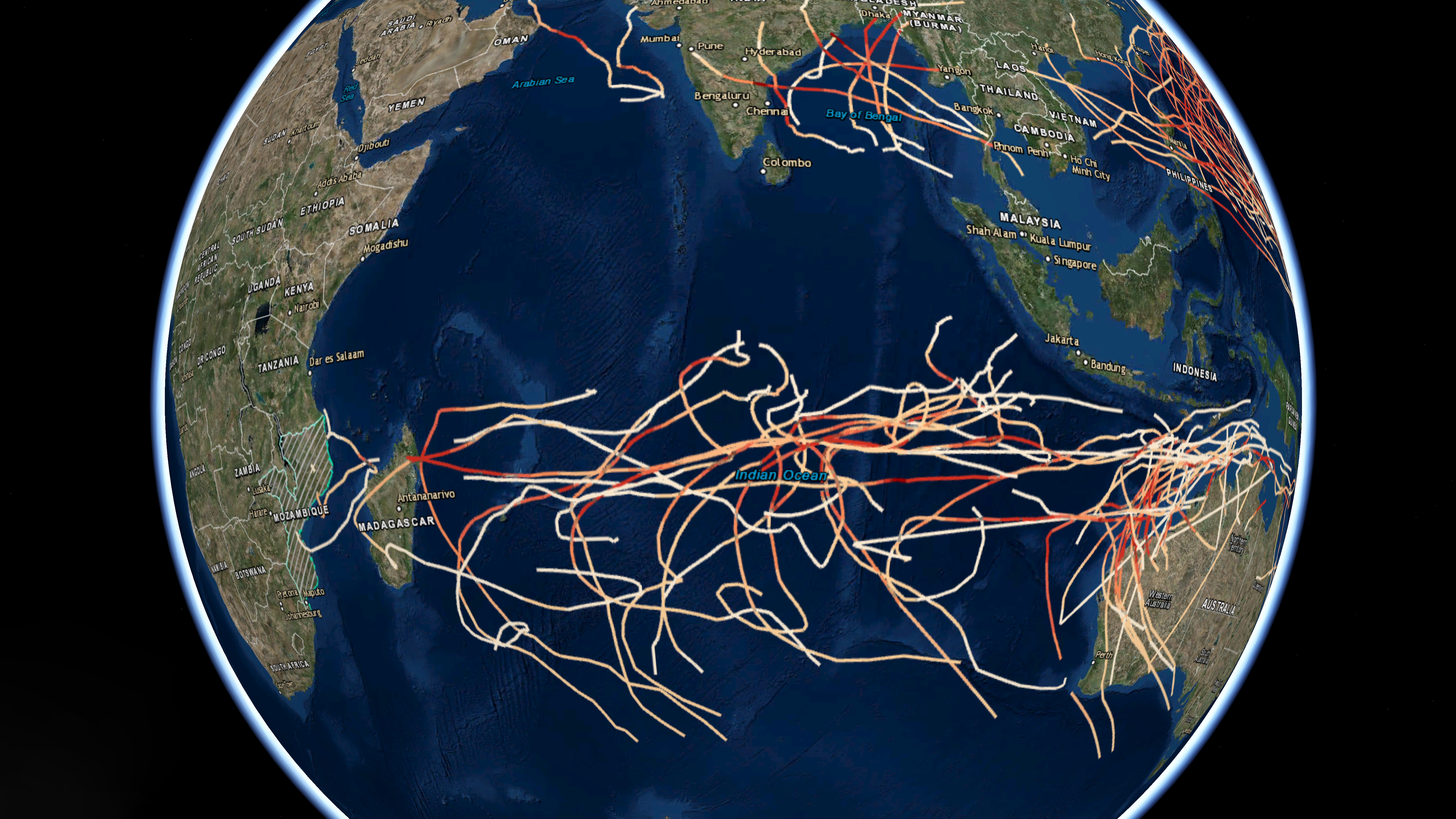 Storm patterns in the Indian Ocean show cyclone paths since 1924.