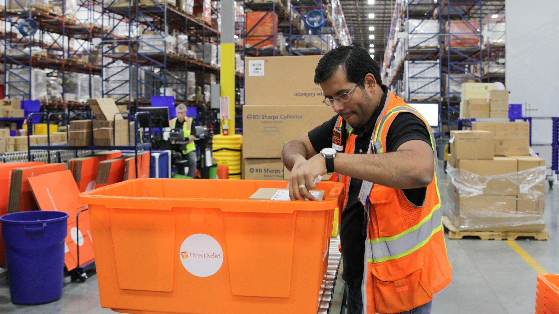 Shipments of essential medical aid are packed in Direct Relief's warehouse on Jan. 8, 2020, bound for earthquake-impacted communities in Puerto Rico. Requested medicines and supplies have been departing Direct Relief for the island throughout the week as aftershocks continue. (Noah Smith/Direct Relief)