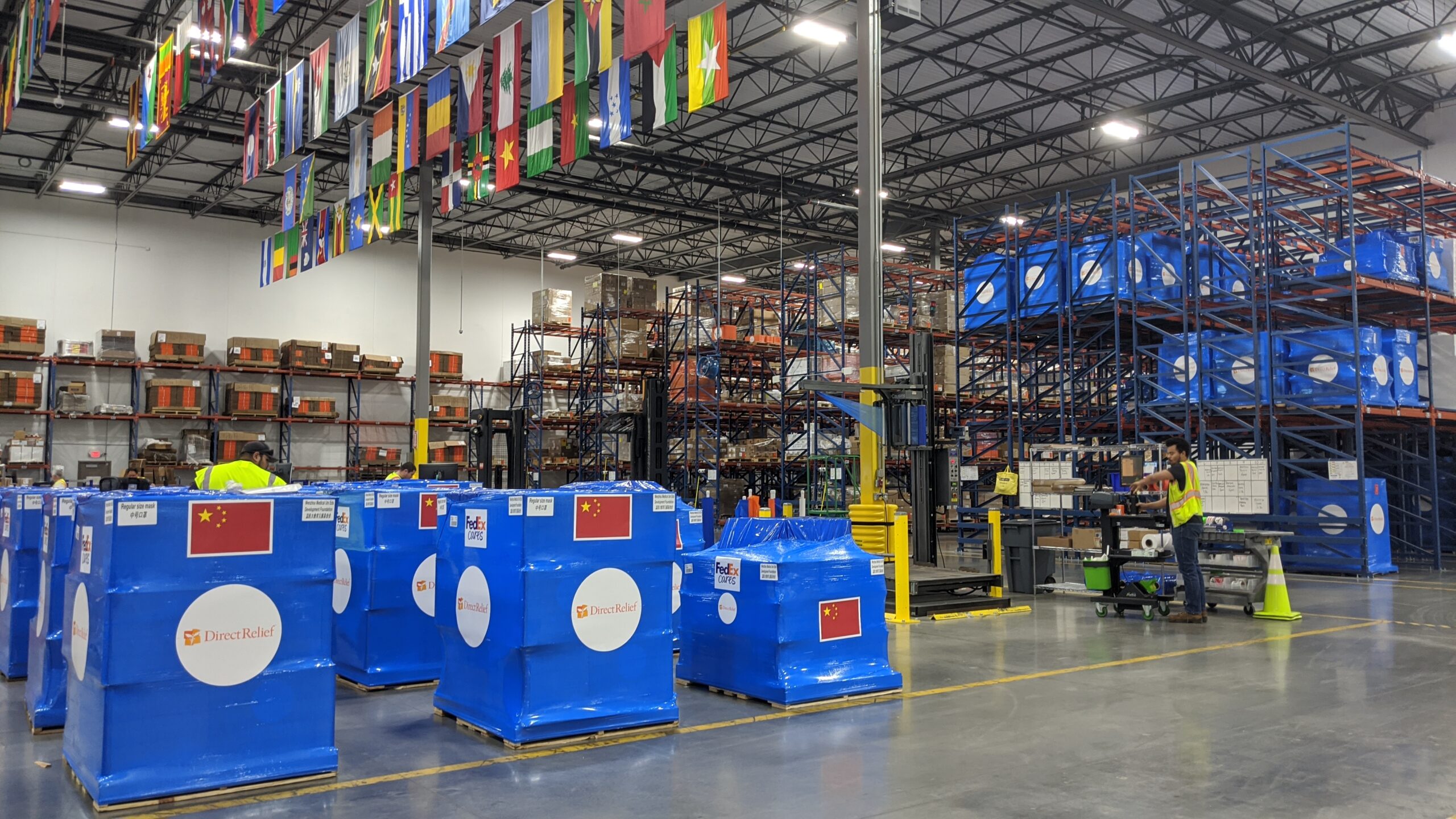 Protective gear for health facilities battling the coronavirus in China departing Direct Relief's warehouse. (Tony Morain/Direct Relief)