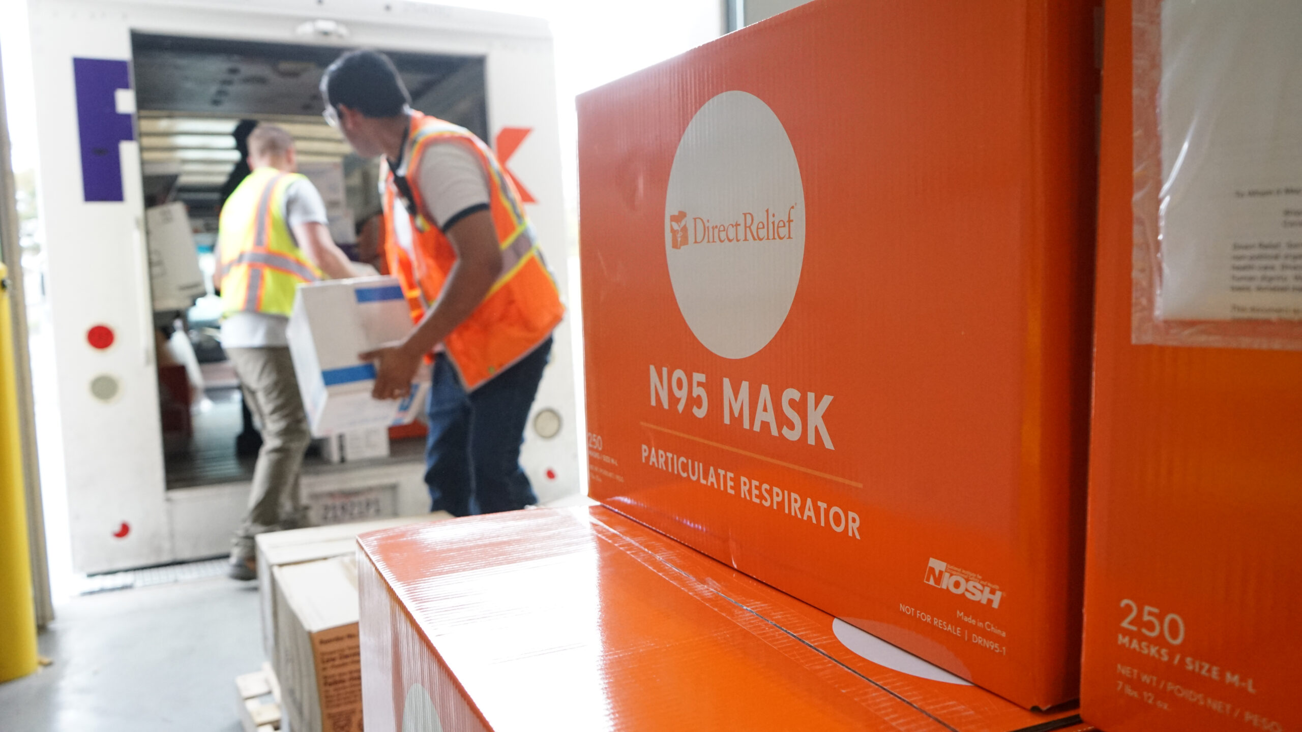 A shipment bound for International Community Health Services in Seattle, Washington, leaves Direct Relief’s warehouse on March 10, 2020. The shipment contained more than 400 pounds of protective gear, including surgical masks, N95 masks, gowns and gloves, for the health center’s staff, who are continuing to provide primary care as the city works to contain the coronavirus outbreak. (Lara Cooper/Direct Relief)