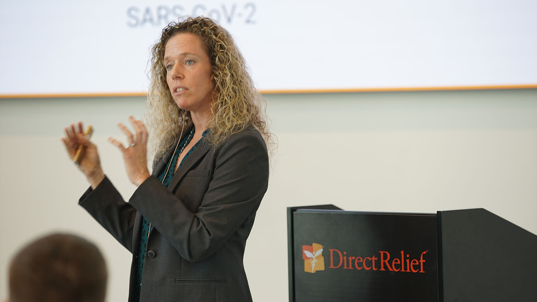 Dr. Lynn Fitzgibbons speaks at Direct Relief's headquarters on March 5, 2020, about the coronavirus outbreak. (Lara Cooper/Direct Relief)