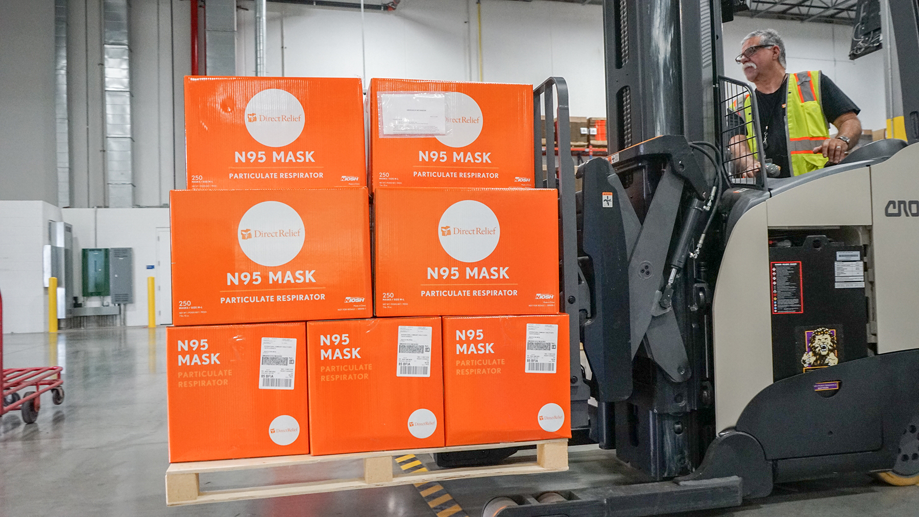 A shipment bound for International Community Health Services in Seattle, Washington, leaves Direct Relief’s warehouse on March 10, 2020. The shipment contained more than 400 pounds of protective gear, including surgical masks, N95 masks, gowns and gloves, for the health center’s staff, who are continuing to provide primary care as the city works to contain the coronavirus outbreak. (Lara Cooper/Direct Relief)