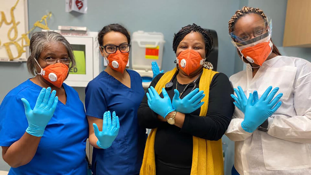 Staff at Ubi Caritas Free Clinic in Beaumont, Texas, with Direct Relief donated protective gear. Safety-net health providers across the United States are working overtime during the Covid-19 pandemic to provide patient care to the most vulnerable, and new stream of funding will support their essential work. (Courtesy photo)