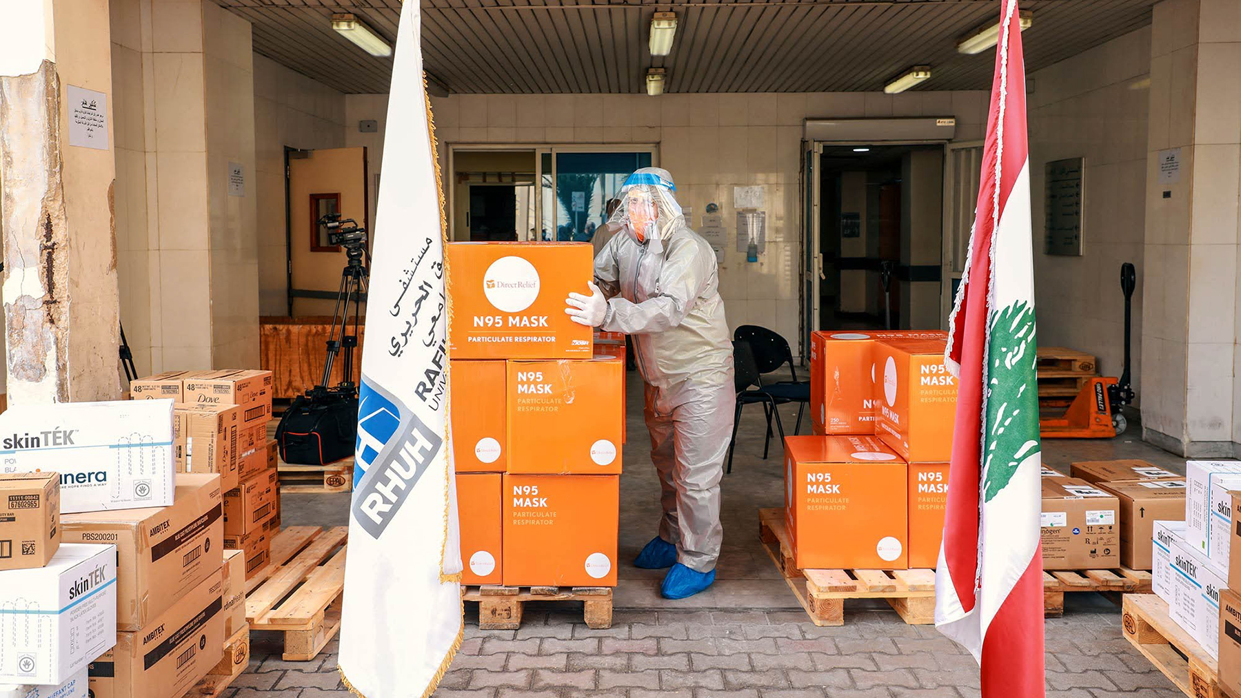 Protective gear from Direct Relief arrives at Rafik Hariri University Hospital in Lebanon in April 2020. Nonprofit organization Anera distributed the shipment, which included oxygen concentrators, N95 respirator masks, gloves, shoe covers, surgical caps, soap bars, and face shields. (Anera photo)