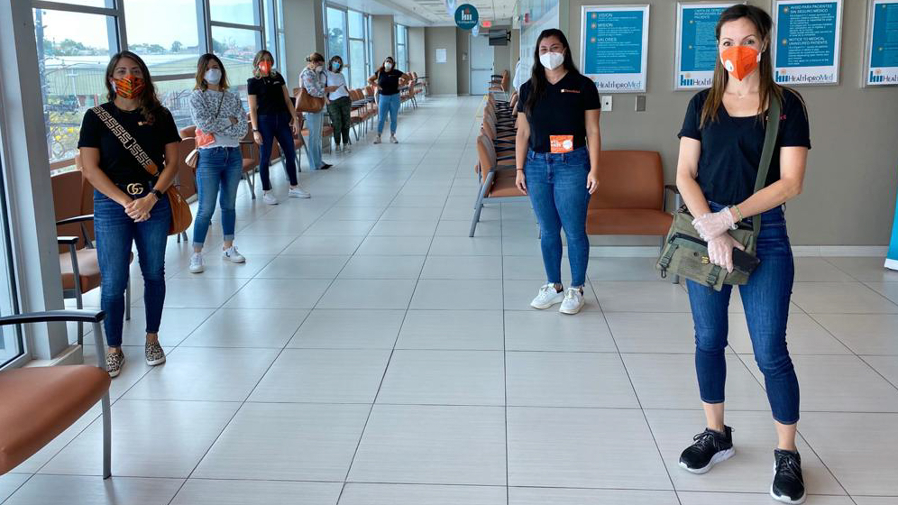 Direct Relief staff wear protective gear at HealthProMed health center in San Juan, Puerto Rico, on May 6, 2020. Local staff have been responding to the Covid-19 pandemic and working to distributed medical aid and financial support to local medical facilities. (Direct Relief photo)
