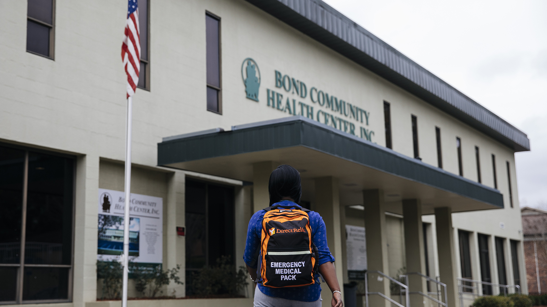 Ebonie Allen-Williams, Nurse Practitioner and Nursing Supervisor at Bond Community Health Center, Inc. in Tallahassee, Florida, pictured with a  Direct Relief Emergency Medical Backpack. Health centers and free clinics in Florida have been responding to Covid-19 in their communities, and are now preparing for the start of hurricane season. (Photo by Donnie Lloyd Hedden for Direct Relief