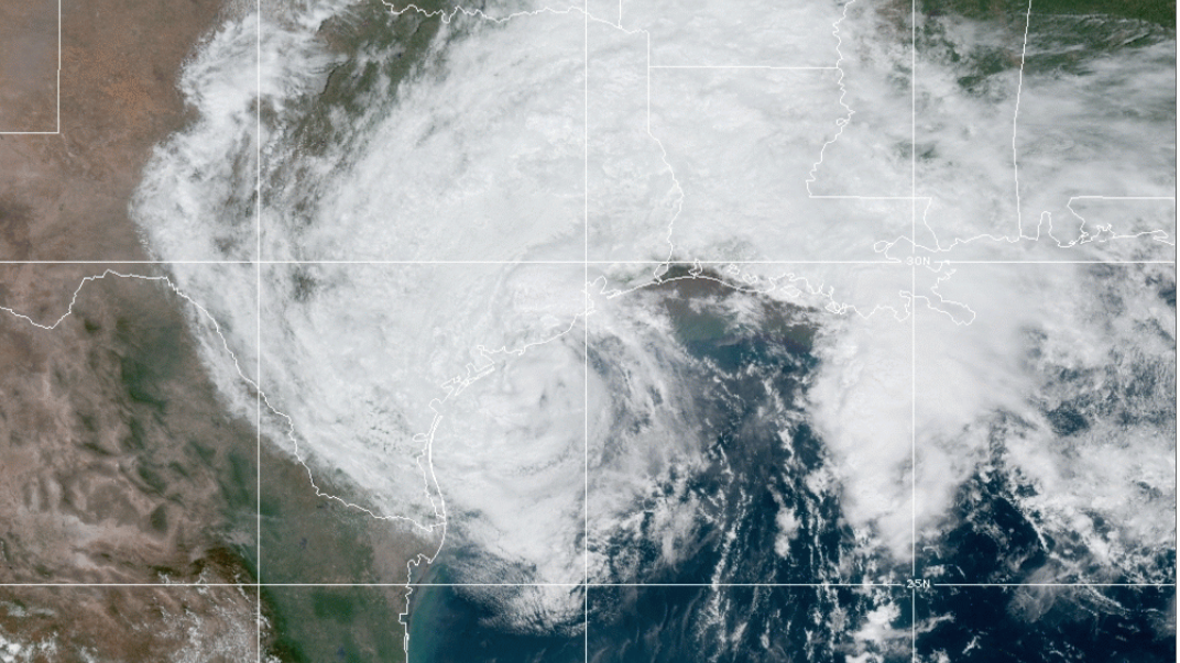 Tropical Storm Beta churns off the Gulf Coast as it steadily approaches the central Texas coast. The storm is predicted to make landfall Monday night bringing up to 15 inches of rain in some places. (Photo courtesy of NOAA)