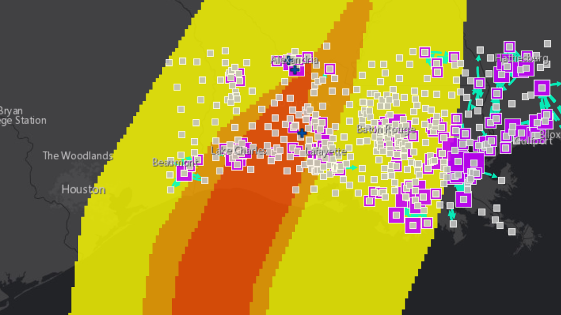 A map showing population movement between October 9 and October 13, 2020, in the storm's path. (Andrew Schroeder/Direct Relief)
