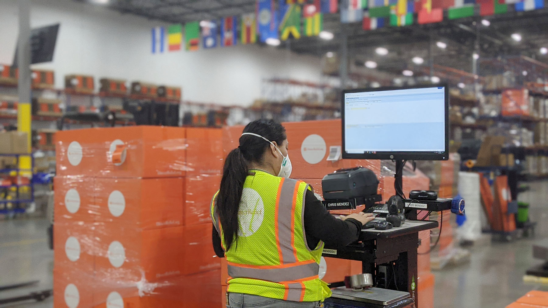 Emergency Medical Backpacks are staged in Direct Relief's warehouse on Oct. 7, 2020, before transport to Mexico begins. Fifty backpacks, which contain medical essentials for triage care, are being shipped to first responders in the Yucatan Peninsula, which was badly damaged by Hurricane Delta on Wednesday. More medical aid is being staged for other communities as the U.S. prepares for landfall later this week. (Tony Morain/Direct Relief)