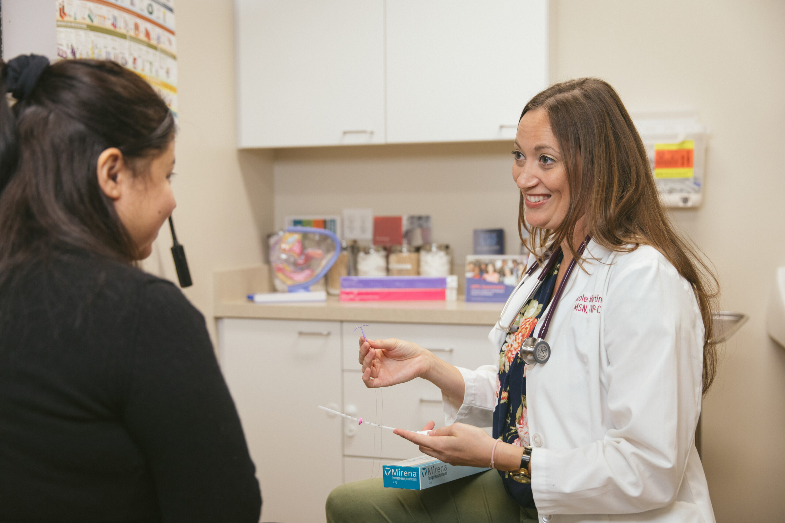 Nurse Practitioner Nicole Martinez, of the Santa Barbara Neighborhood Clinics, speaks with a patient in Goleta, California, on Friday, October 23, 2020. The Santa Barbara Neighborhood Clinics are among the hundreds of community health centers across the U.S. that received Bayer-donated IUDs to bolster reproductive health services for uninsured women. (Photo by Erin Feinblatt for Direct Relief)