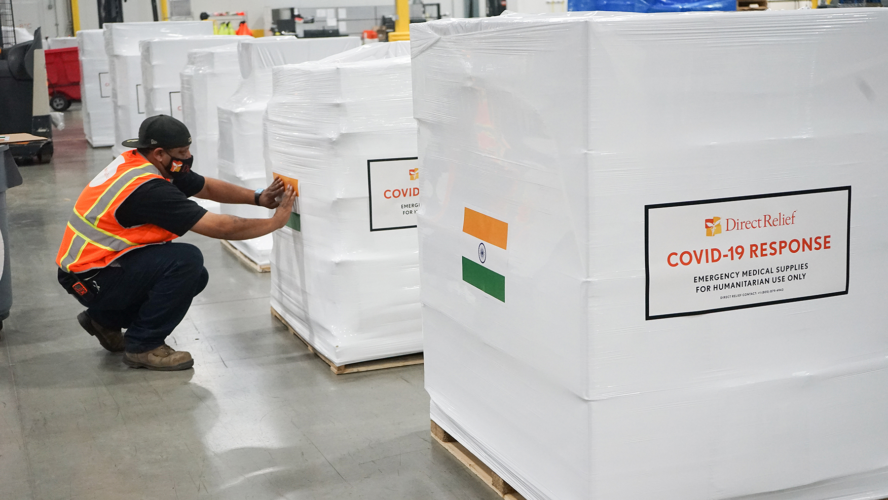 Medical aid is staged on April 30, 2021, for departure to India, where Covid-19 cases have spiked during recent weeks. Direct Relief is supporting hospitals in the country with requested aid. (Lara Cooper/Direct Relief)