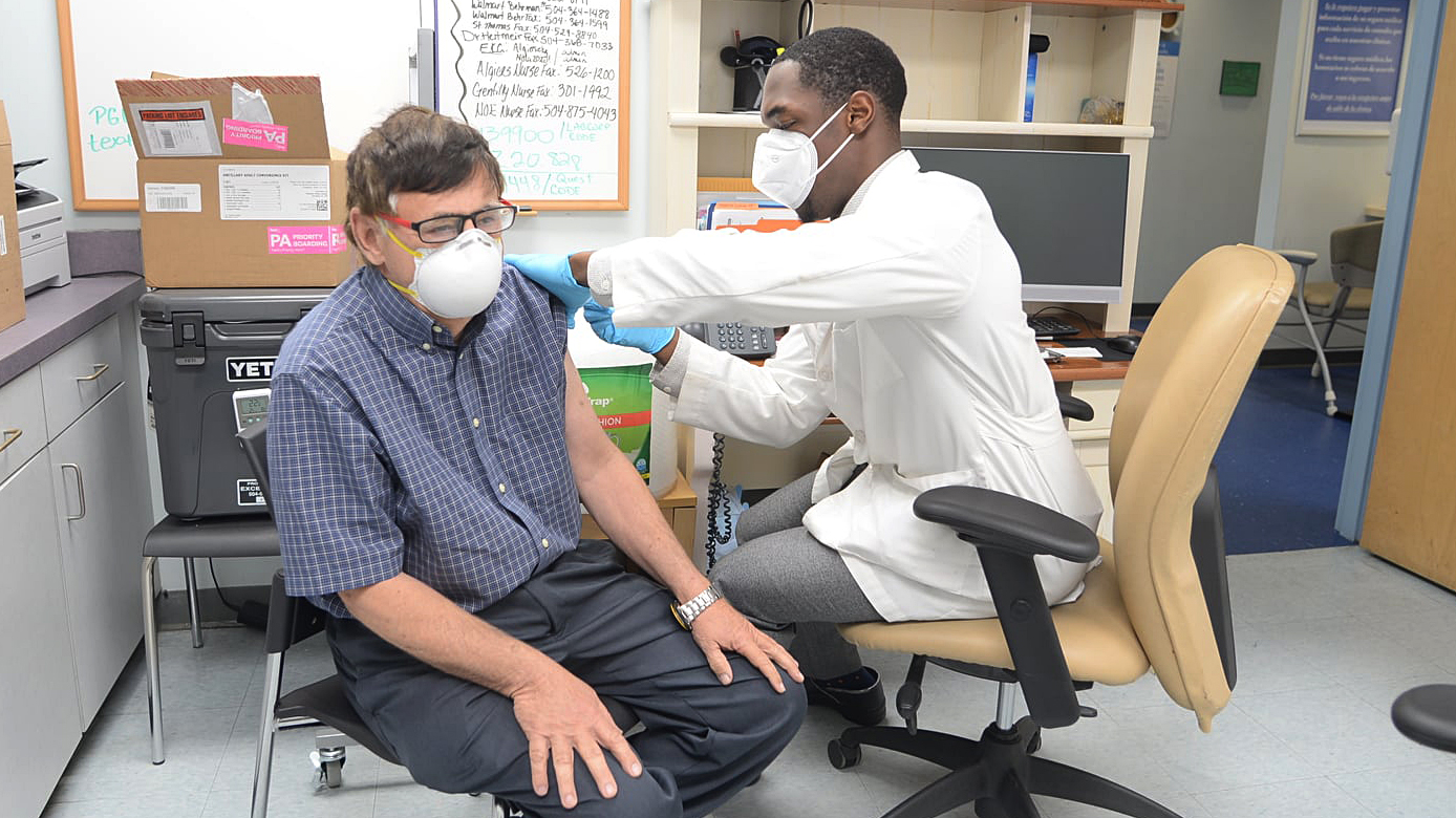 A Covid-19 vaccination takes place at EXCELth, a health center in New Orleans, Louisiana. The health center received $188,000 worth of medical aid support from Direct Relief over the past week. (Courtesy photo)