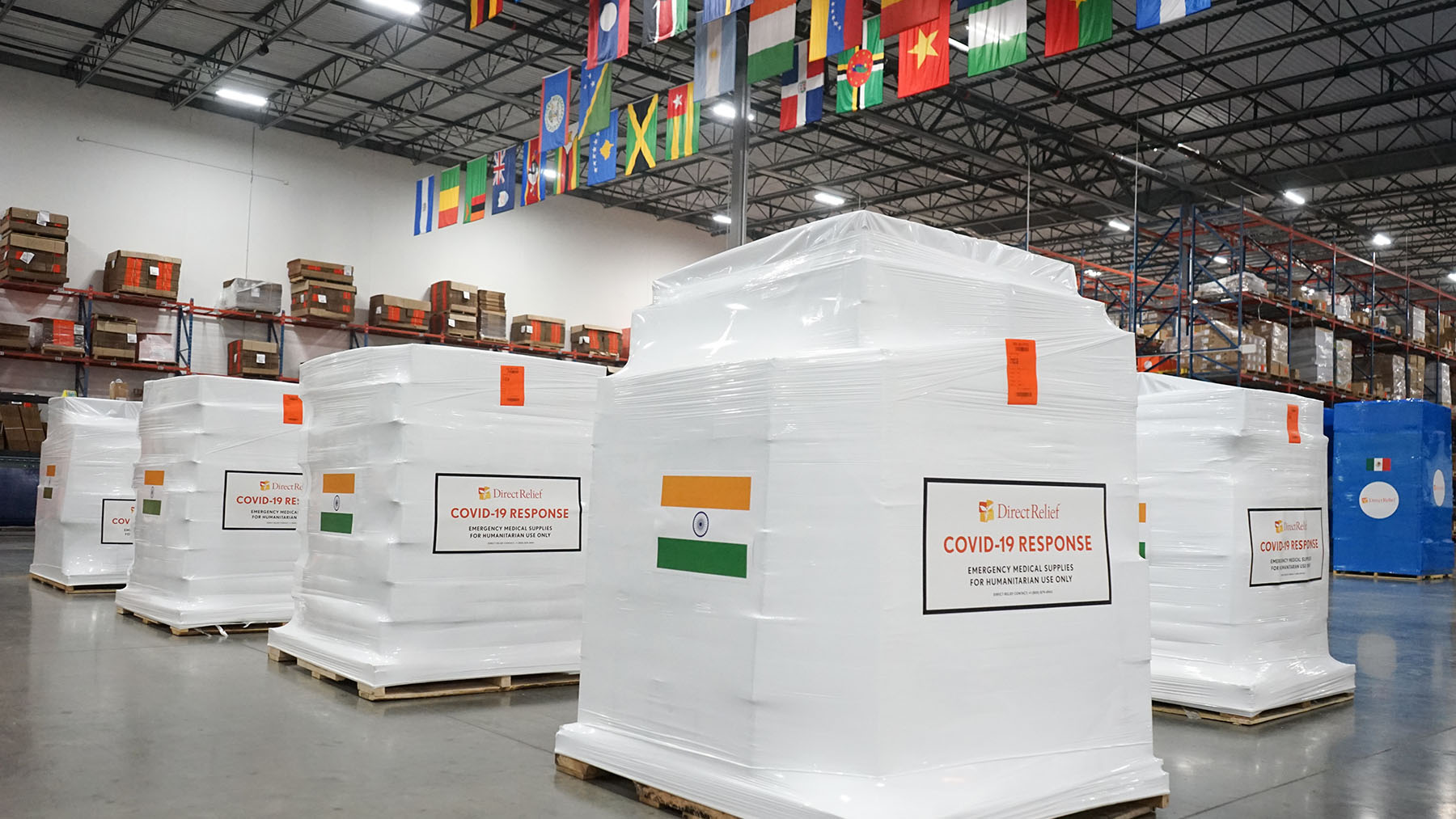 Medical aid is staged on April 30, 2021, for departure to India, where Covid-19 cases have spiked during recent weeks. Direct Relief is supporting hospitals in the country with requested aid. (Lara Cooper/Direct Relief)