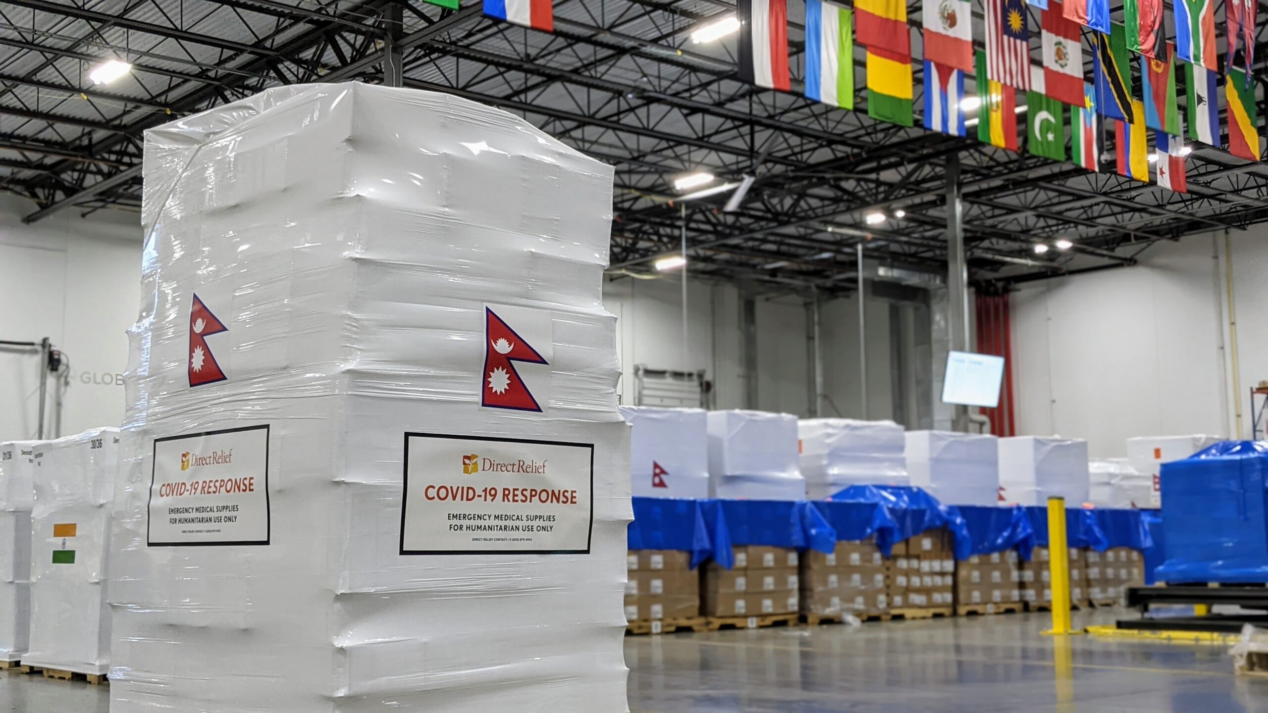 Shipments of oxygen concentrators and PPE are staged in the Direct Relief warehouse for delivery to health facilities in Nepal.  (Maeve O'Connor/Direct Relief)