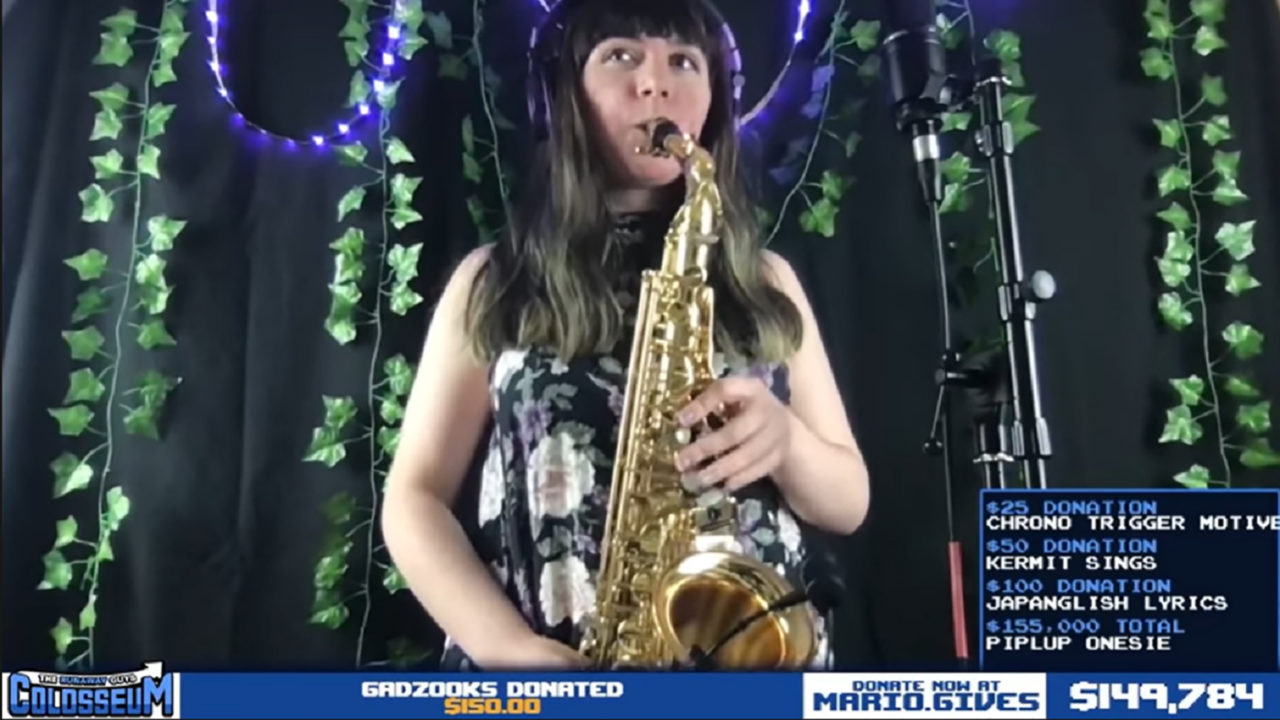 Sab Irene plays saxophone during a charity concert benefiting Direct Relief as part of the Runaway Guys Colosseum 2021 event in May. In total, she has performed in 10 different fundraisers benefiting the organization over the last 5 years.