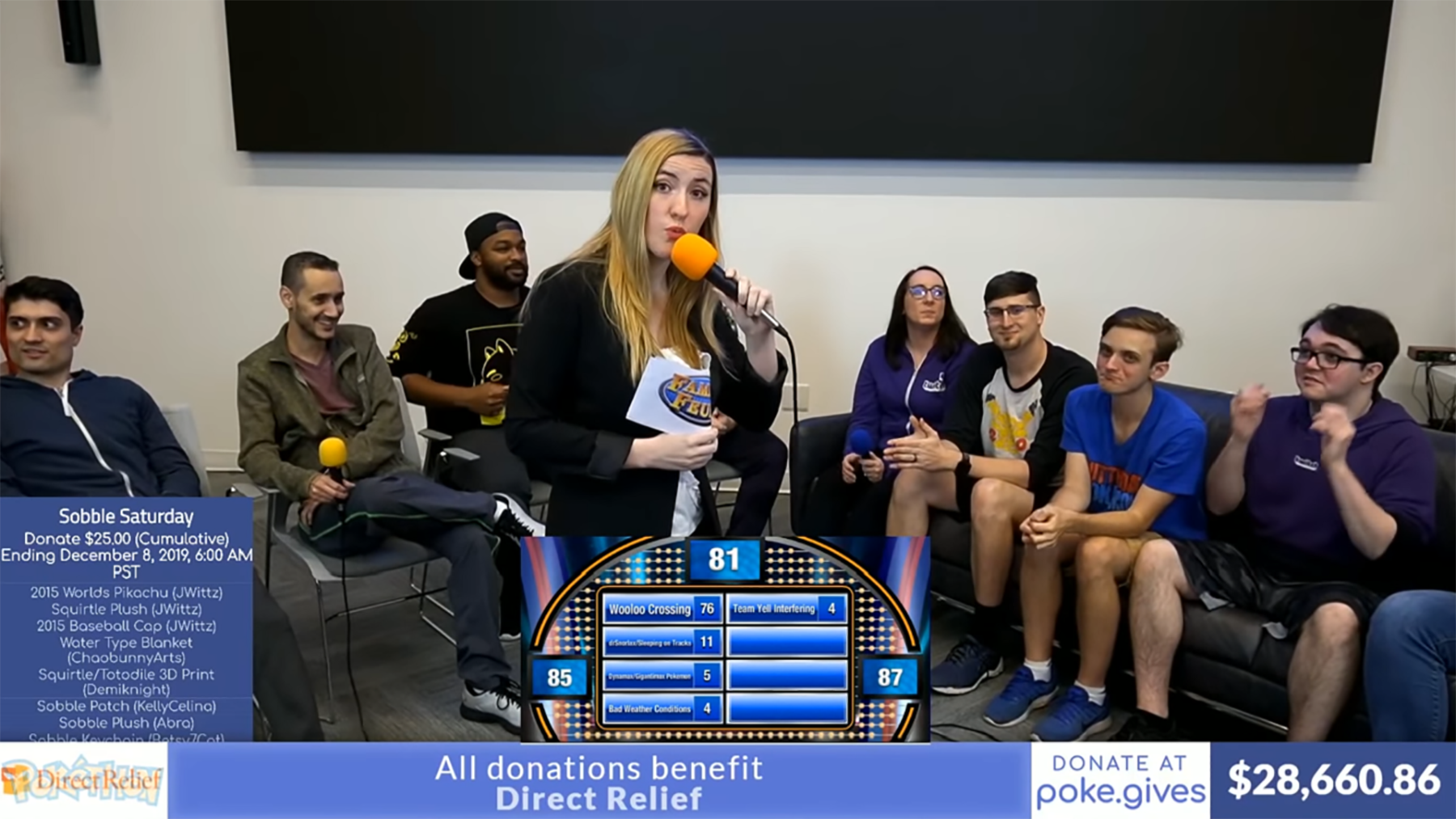 StephOfAnime (center) hosts a game show segment in the 2019 Pokéthon event that raised over $45,000 for Direct Relief.