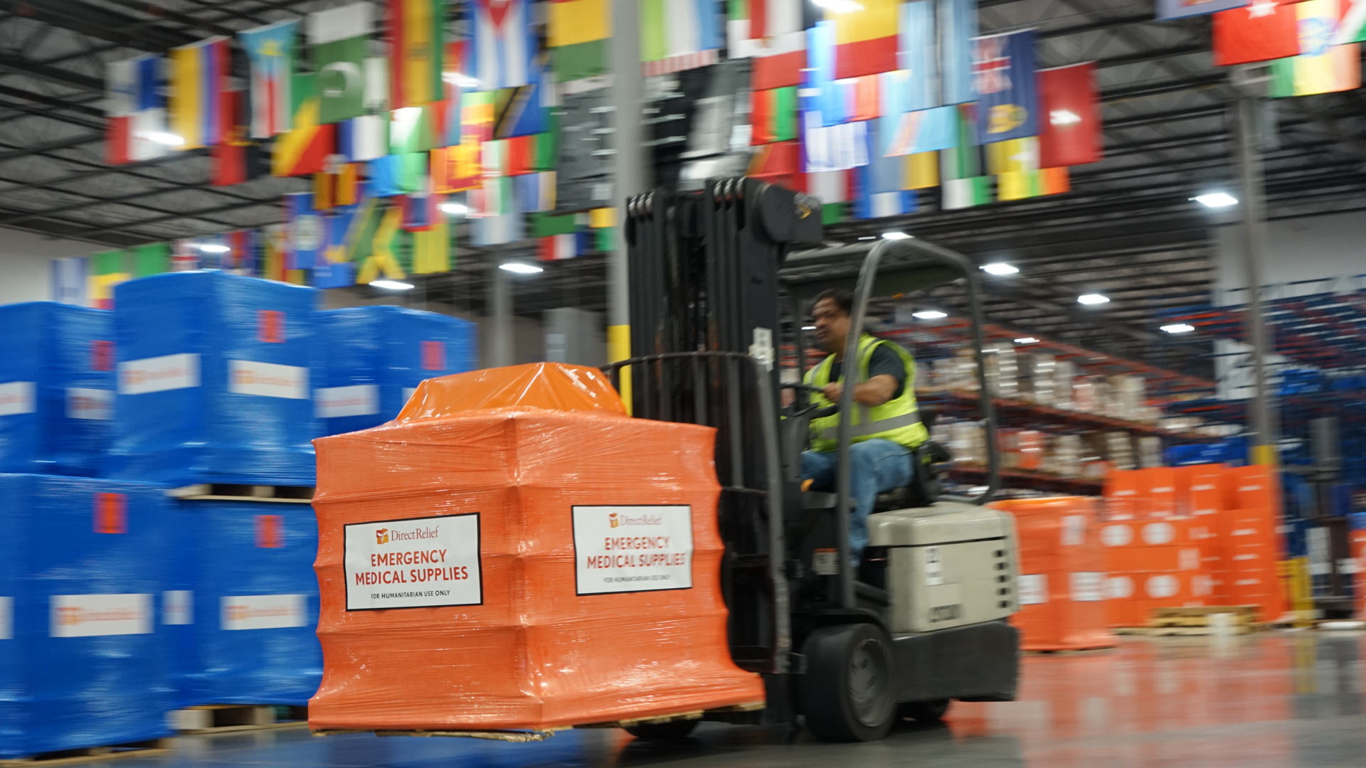 Direct Relief emergency medical aid on forklift