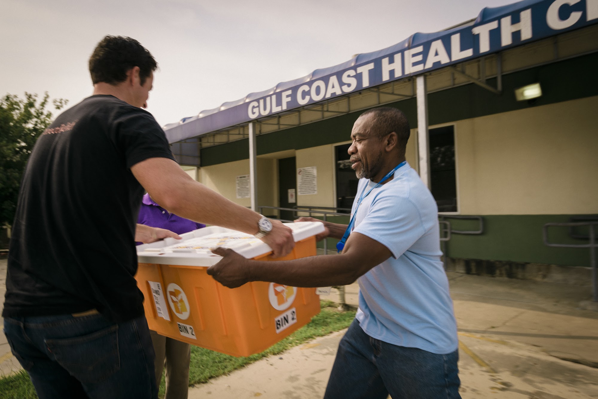 Emergency medicines were handed off to staff at the Gulf Coast Health Cente...