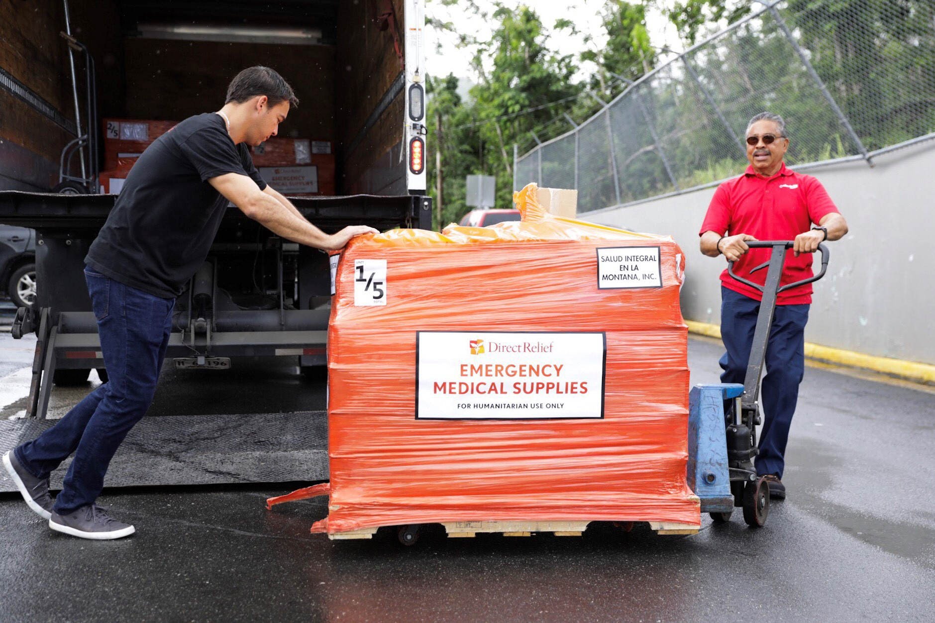 79,365 lbs of medications, nutritionals and medical supplies from Direct Relief arrived at the Luis Muñoz Marín International Airport in San Juan. The supplies were staged for distributionin San Juan at a warehouse donated by ABF Freight, on Tuesday, Dec. 19. (Photo by Donnie Hedden for Direct Relief)