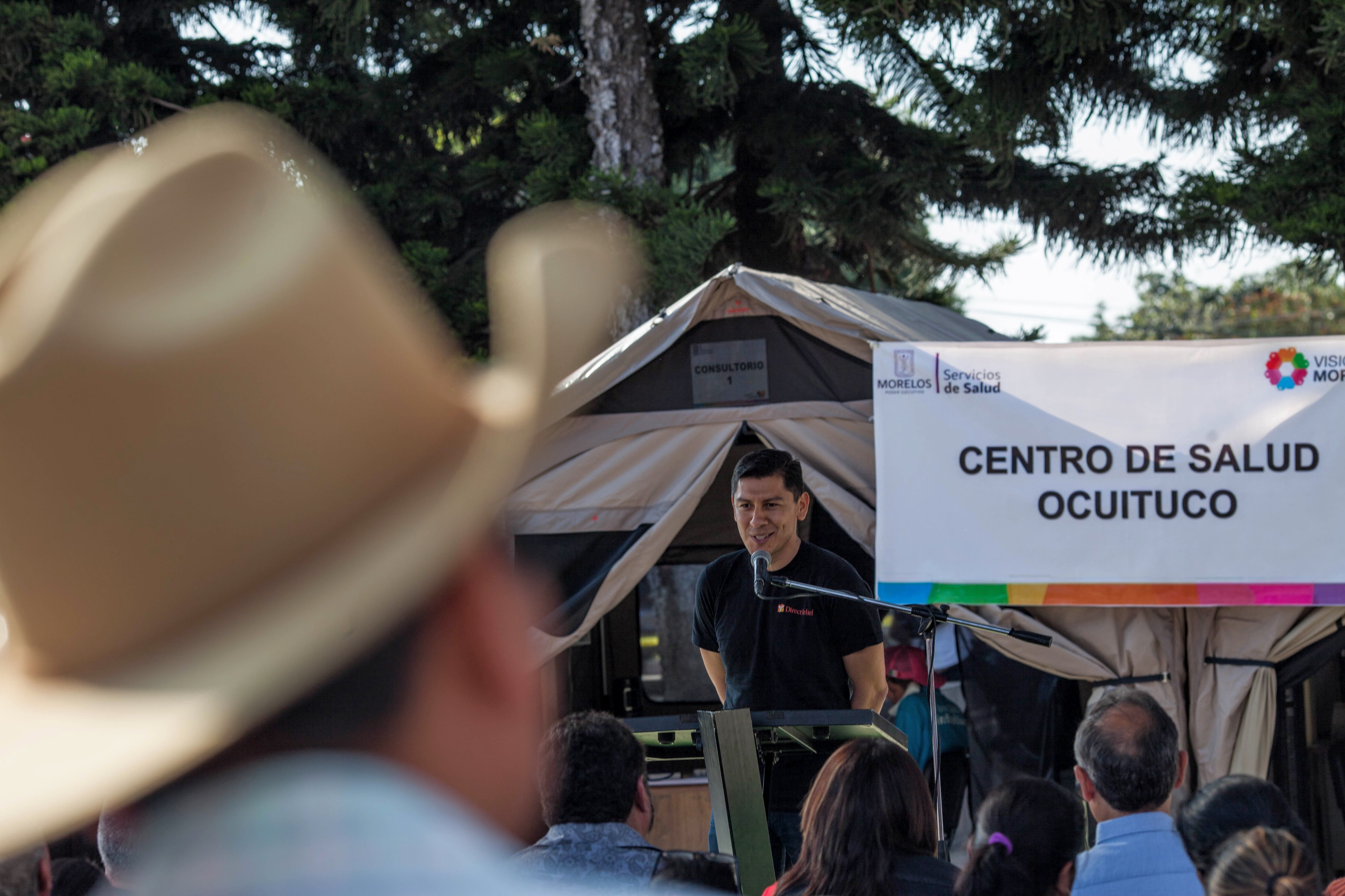 Direct Relief attends an opening ceremony of a temporary community health center in Ocuituco Morelos  on Tuesday, November 14, 2017. Ocuituco's health facilities were damaged during the September earthquake that left hundreds dead across the country and thousands of properties damaged in the state of Morelos. Direct Relief worked with Barebones tents to supply temporary shelters that will serve as a makeshift clinic in the area for the following months. (Photo by Dominic Bracco II for Direct Relief)
