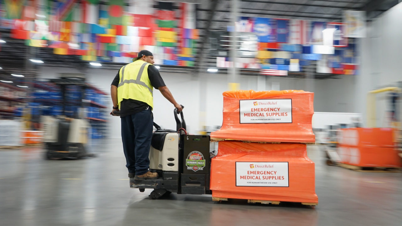 Direct Relief staff prepare medical supplies for shipment from Direct Relief's Santa Barbara warehouse to Saipan, Northern Mariana Islands, after Super Typhoon Yutu damaged many homes and health facilities in October 2018. (Lara Cooper/Direct Relief)